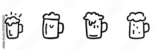Beer Mug Line Icon Set In Doodle Style. Craft Beer, Brewing, And Beverage Enjoyment Outline Sketch Collection. Hand Drawn Isolated Vector Illustration