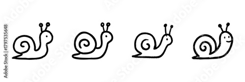 Four Snail Line Icons In Doodle Style. Slow Movement, Patience, And Nature Symbolism Outline Sketch Collection. Hand Drawn Isolated Vector Illustration