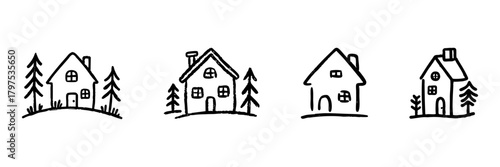 Charming Cottage And Pine Trees Line Icon Set In Doodle Style. Rustic Home, Nature Retreat, And Countryside Living Outline Sketch Collection. Hand Drawn Isolated Vector Illustration