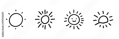 Sun Icons Line Set In Doodle Style. Weather Symbols And Mood Representation Outline Sketch Collection. Hand Drawn Isolated Vector Illustration