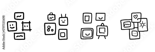 Gallery And Art Display Line Icon Set In Doodle Style. Creative Expression, Art Curation, And Visual Presentation Outline Sketch Collection. Hand Drawn Isolated Vector Illustration