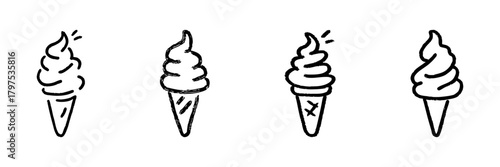 Ice Cream Cone Line Icon Set In Doodle Style. Sweet Dessert, Summer Treat, And Ice Cream Parlor Outline Sketch Collection. Hand Drawn Isolated Vector Illustration