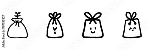 Gift Bags With Faces Line Icon Set In Doodle Style. Celebration, Gifting, And Festive Packaging Outline Sketch Collection. Hand Drawn Isolated Vector Illustration