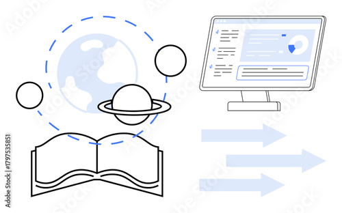 Open book with planets orbiting Earth, computer screen with analytics, and directional arrows. Ideal for education, e-learning, technology, innovation, global knowledge, exploration digital