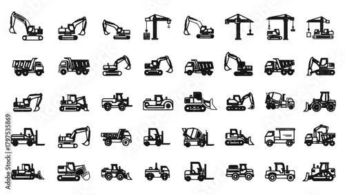 Vector illustration of collection of construction vehicle icons on a transparent background
