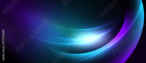 Abstract background features flowing curves, vibrant blues, purples, bright light. Smooth gradients create dynamic visual effect.