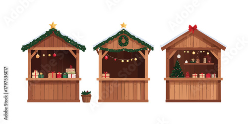 Christmas traditional wooden winter Christmas fair marketplace, market stall kiosk set, Vector 