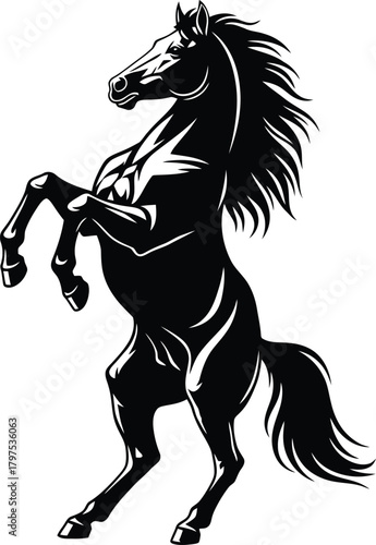 A black horse rearing up on its hind legs with a flowing mane and tail in a vector illustration