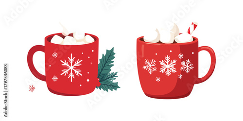 Christmas winter drink cup set with  candy cane and gingerbread star  vector illustration