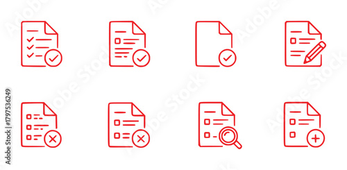 Red Line Icons of Documents with Checkmarks, Crosses, Pencil, Magnifying Glass, and Plus Sign