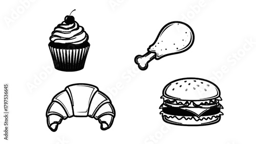 Vector illustration of collection of fast food icons including cupcake, chicken leg, croissant, and burger, on a transparent background