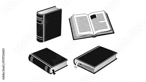 Vector illustration of set of book icons including closed and open books, on a transparent background