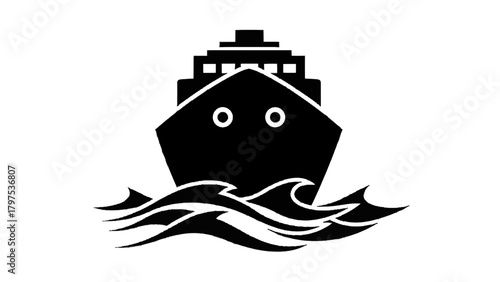 Vector illustration of black cruise ship silhouette sailing on wavy water on a transparent background