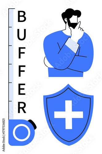 Man thinking with hand on chin, bold meter labeled Buffer, shield with cross symbol. Ideal for decision-making, planning, security, strategy, risk management health safety. Simple flat metaphor
