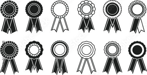 A monochrome illustration featuring twelve different award ribbon designs in a vector style format