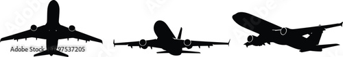 Three airplane silhouettes in different positions on a white background showing aviation transportation