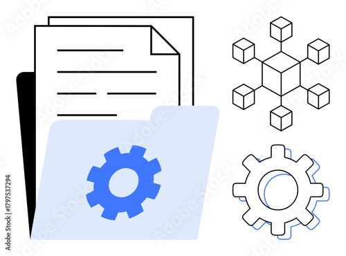 Documents in a folder with a gear icon, interconnected network nodes, and additional gears. Ideal for workflow, data integration, organization, automation, productivity, business strategy simple