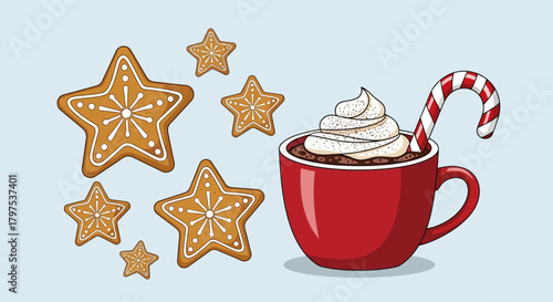 Indulge in the warmth of hot chocolate with whipped cream and a candy cane, surrounded by delightful gingerbread star cookies. Festive treats for the holiday season!