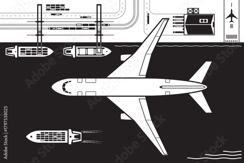 Cargo plane flying over sea freight terminal - vector illustration