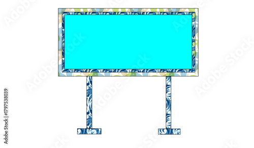 Blank Cyan Billboard Signage on Stands with Decorative Blue and Green Patterned Frame 