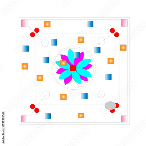Minimalist and Colorful Top-Down View of a Carrom Board Game Setup with Geometric Pieces and Striker