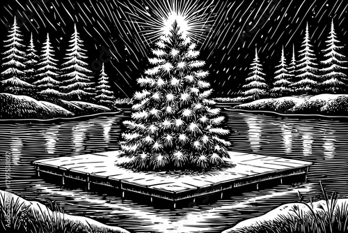 bright Christmas tree stands on a wooden platform placed black and white on a frozen lake, reflecting lights in icy surface below