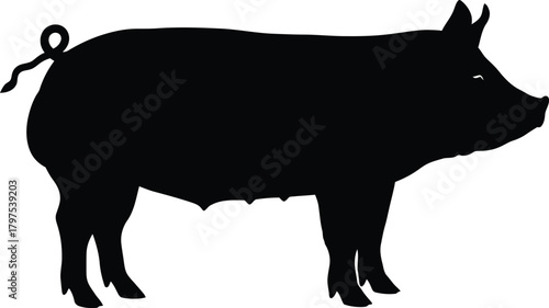 A silhouette of a pig standing on a white background with a curly tail and short legs visible fully