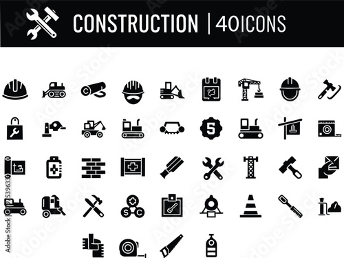 Construction and engineering icons set collection, building tools and heavy machinery symbols, industrial and home renovation elements bundle for web and mobile interface vector assets.