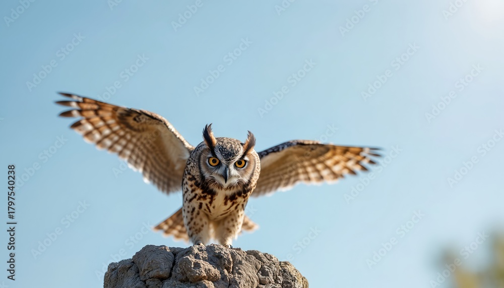 Fototapeta premium Great horned owl spreads wings perched on rock against a clear blue sky. Wild bird of prey with brown feathers sharp yellow eyes. Wildlife photo of owl in natural eco habitat.