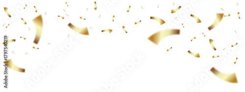 Festive background with falling golden confetti on transparent background. Celebration backdrop with gold serpentine flying after cracker explosion. vector illustration.