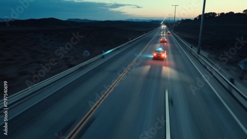 Cinematic Top-Angle View of a High-Speed Police Car Chase on the Highway, Capturing Intense Motion, Flashing Lights, Dramatic Perspective, and the Adrenaline-Fueled Action of Pursuit