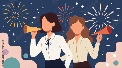 Businesswoman and team celebrate New Year's Eve with party horns and fireworks at night