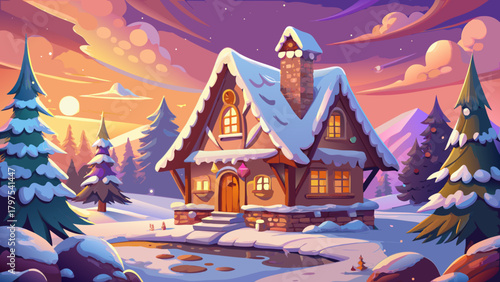 Very beautiful idyllic gingerbread cottage covered in snow and frosting, softly glowing under warm sunset light, surrounded by a whimsical winter landscape with a cozy, magical holiday atmosphere.