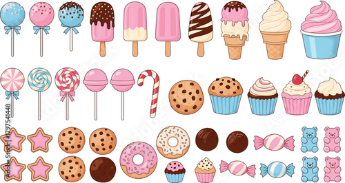 Large Sweet Candy and Dessert Vector Collection with Ice Cream, Cupcakes, Lollipops, and Donuts, Perfect for Bakery and Food Advertisements.