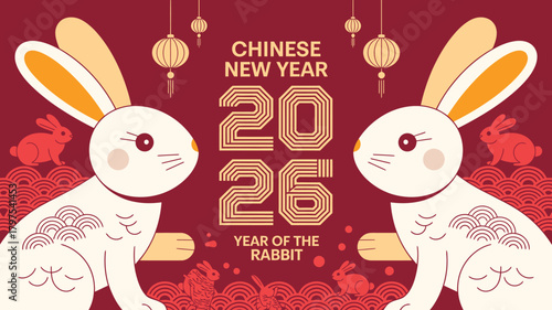 Illustration Chinese New Year 2026 Year of the Rabbit with Two White Rabbits and Lanterns