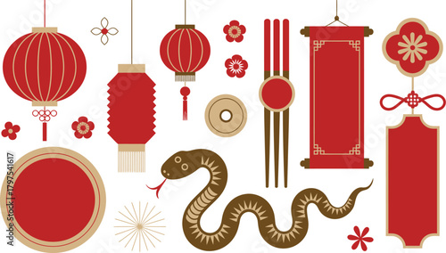 Illustration of Chinese New Year Elements Lanterns, Snake, Flowers and Decorations