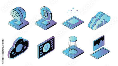Isometric set of blockchain technology icons vector illustration of cryptocurrency and cloud computing isolated on white background