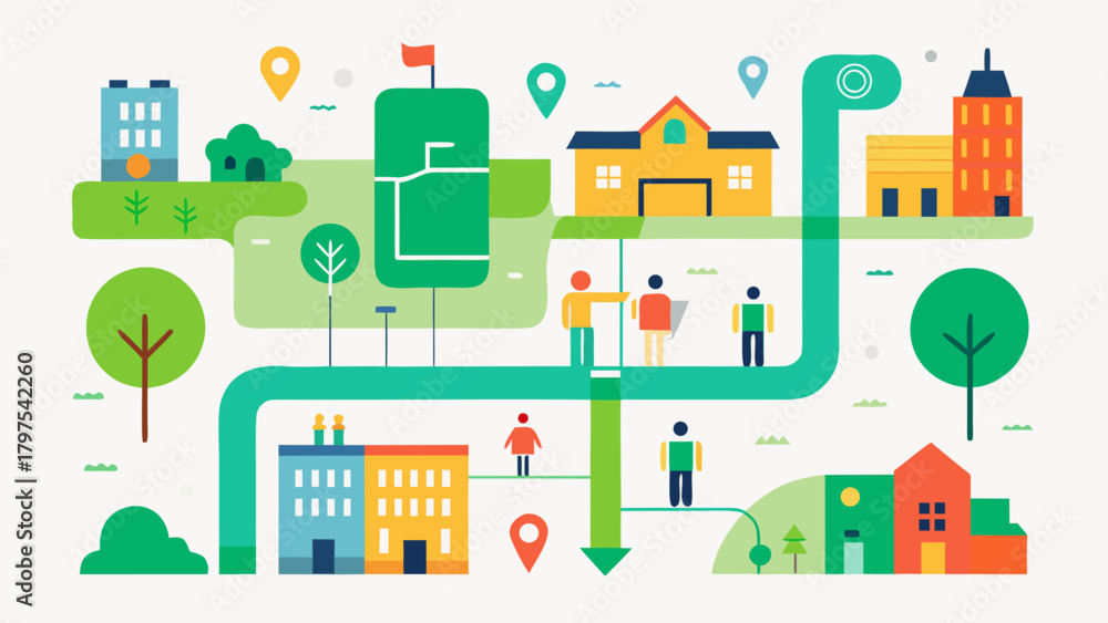 Fototapeta premium Illustration of walkable city with green areas, pedestrian paths and accessible infrastructure in flat colorful style