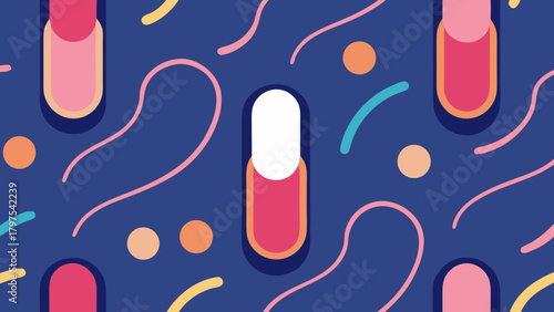 Seamless pattern with colorful capsules and abstract shapes on a dark blue background in flat modern style