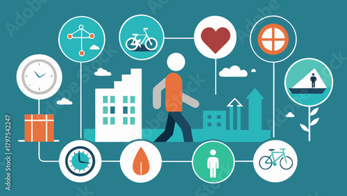 Infographic illustration showing walkability concept with urban elements, health, transportation and environment icons in flat design