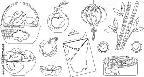 Intricate Black and White Line Art Depicting Chinese New Year Cultural Symbols Still Life