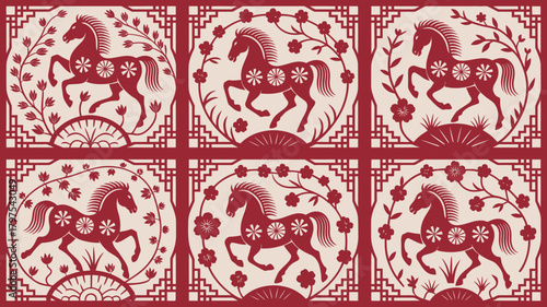 Intricate Chinese Paper Cutting Art Featuring Red Horses and Floral Motifs Patterned Design