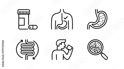 Set of minimalist digestive system icons simple line vector design element for healthcare and medical use isolated on white background