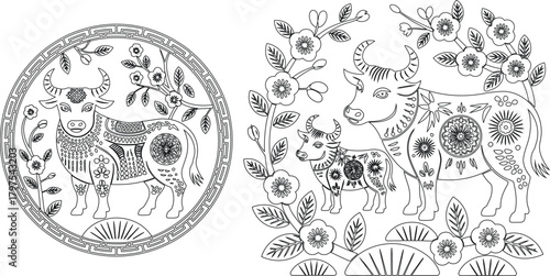 Intricate Chinese Zodiac Year of the Ox Coloring Page with Flowers and Geometric Designs
