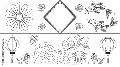 Intricate Line Art Chinese New Year Elements, Lion Dance, Tigers, and Koi Fish Decorations