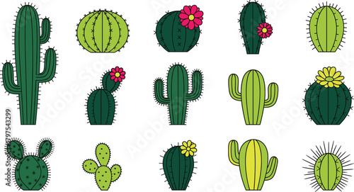 Flat Cartoon Desert Cactus Vector Set with Various Shapes and Succulent Flowers, Ideal for Southwestern, Nature, and Houseplant Designs