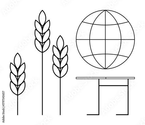 Wheat stalks next to a globe and table representing global agriculture, sustainability, and resource management. Ideal for concepts thumbs up farming, food security, global trade, and eco-awareness