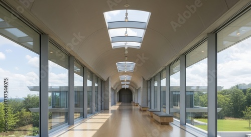 Sunlit modern glass corridor with skylights and architectural columns leading forward