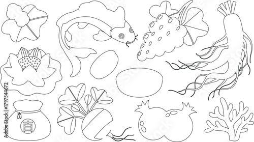 Line Art Depicting Koi Fish, Assorted Flowers, Lucky Bag, Fruits, and Vegetable Variety
