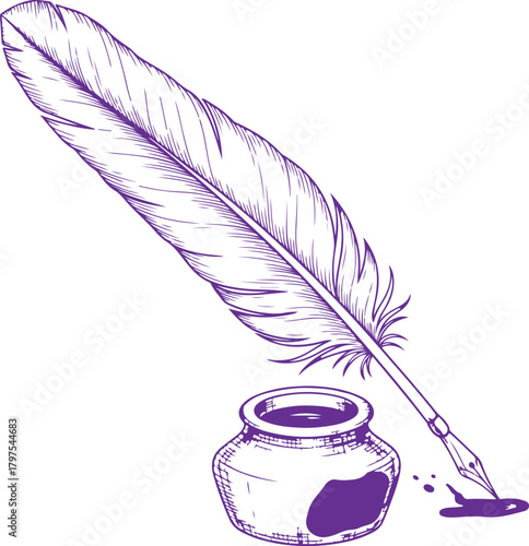 Vintage feather quill pen and inkwell vector illustration